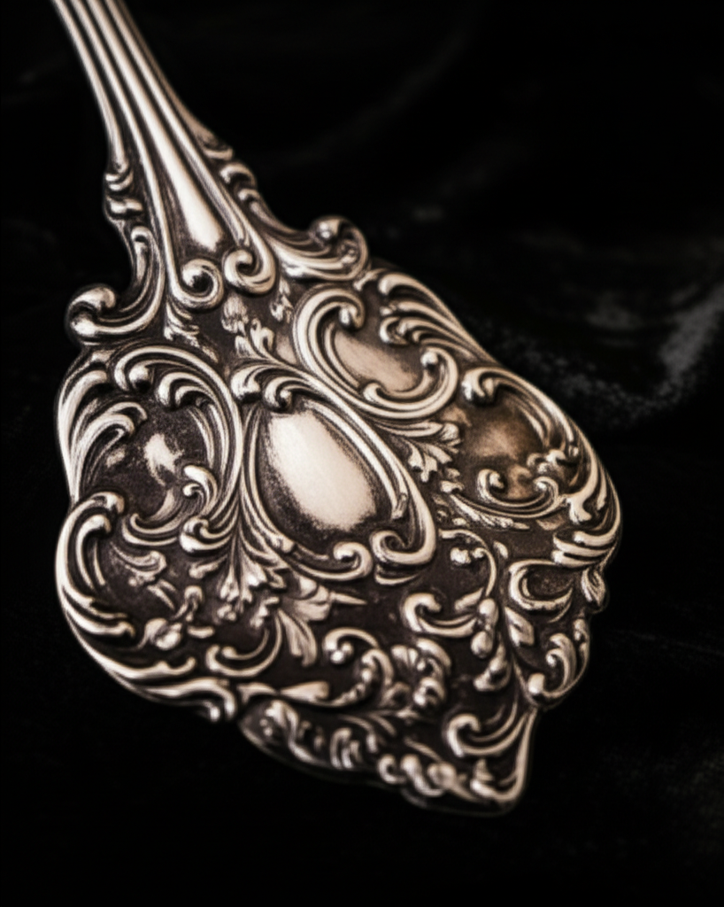 Ornate antique sterling silver serving piece with intricate pattern