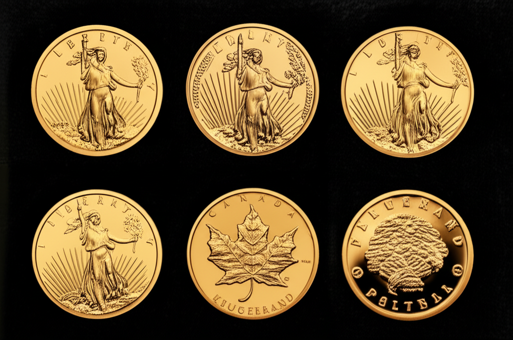 Gold bullion coins including American Eagle, Maple Leaf, and Krugerrand on black velvet