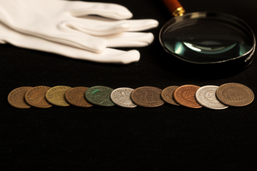 Coin collection display showing coins in various conditions with magnifying glass