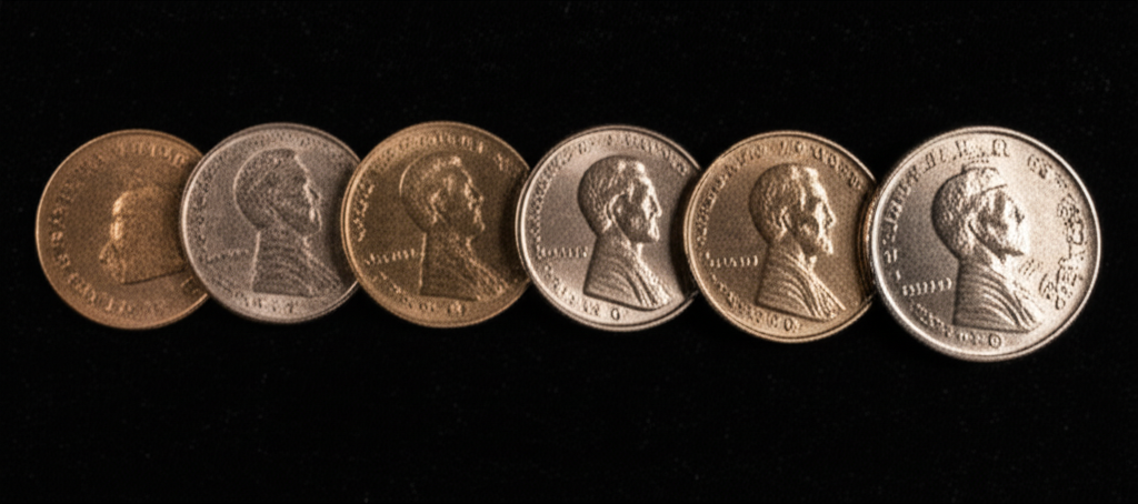 Coins arranged by grade from heavily worn to brilliant uncirculated