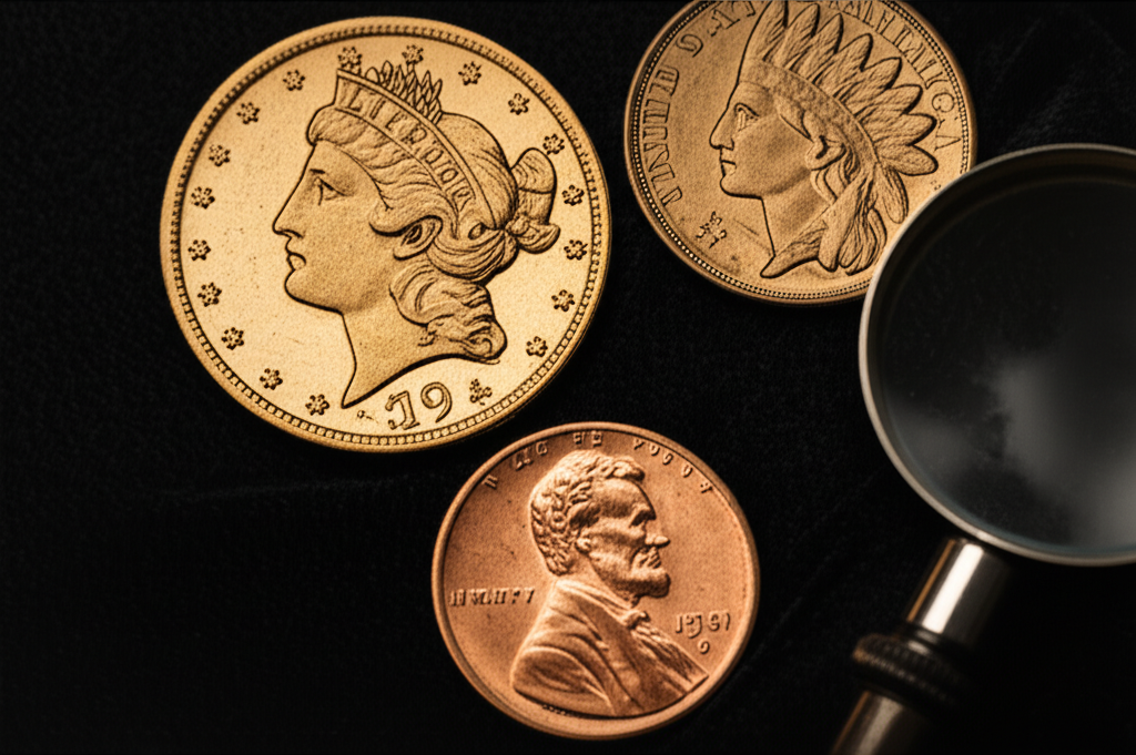 Vintage numismatic coins with jeweler's loupe on dark velvet