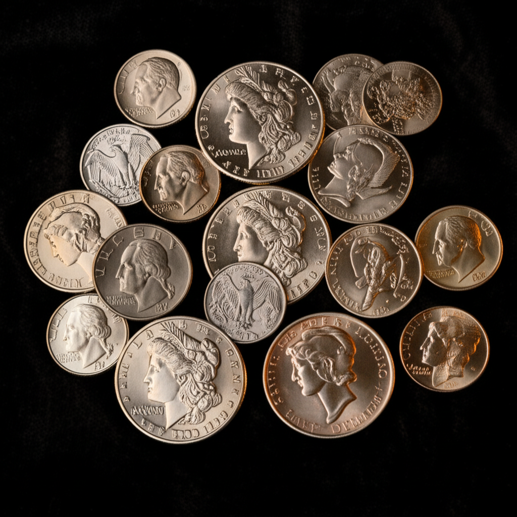 Pre-1965 US silver coins including Morgan dollars, Walking Liberty half dollars, and Mercury dimes