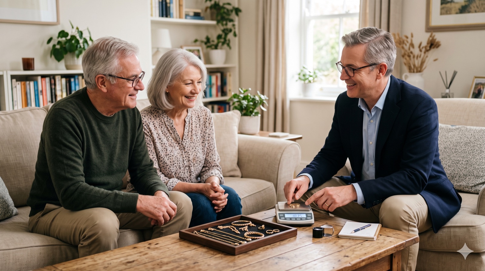 A gold appraiser shows a precision scale to a relaxed senior couple during an in-home appointment, gold jewelry on the coffee table