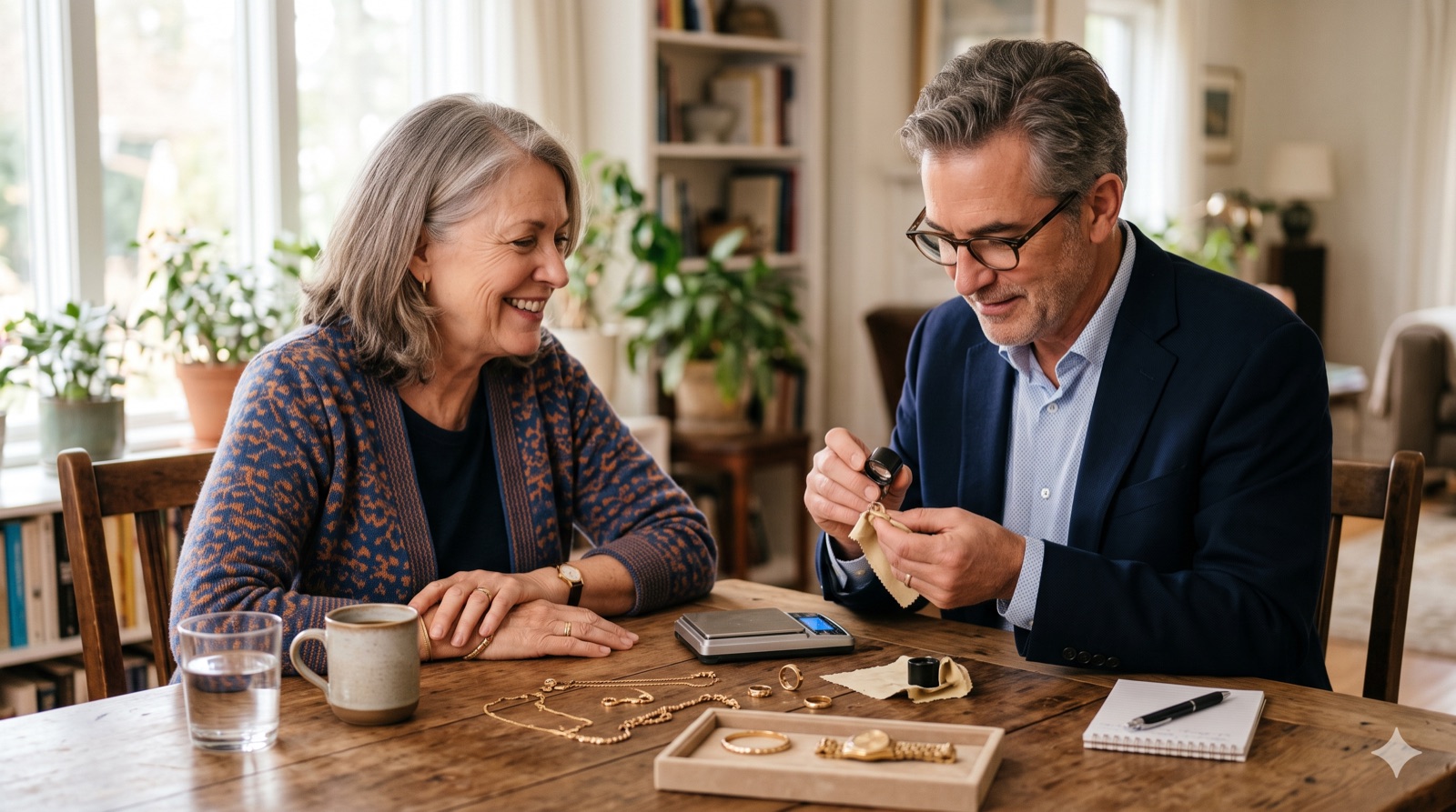 A gold appraiser examines jewelry with a loupe at a client's dining table while a smiling woman looks on