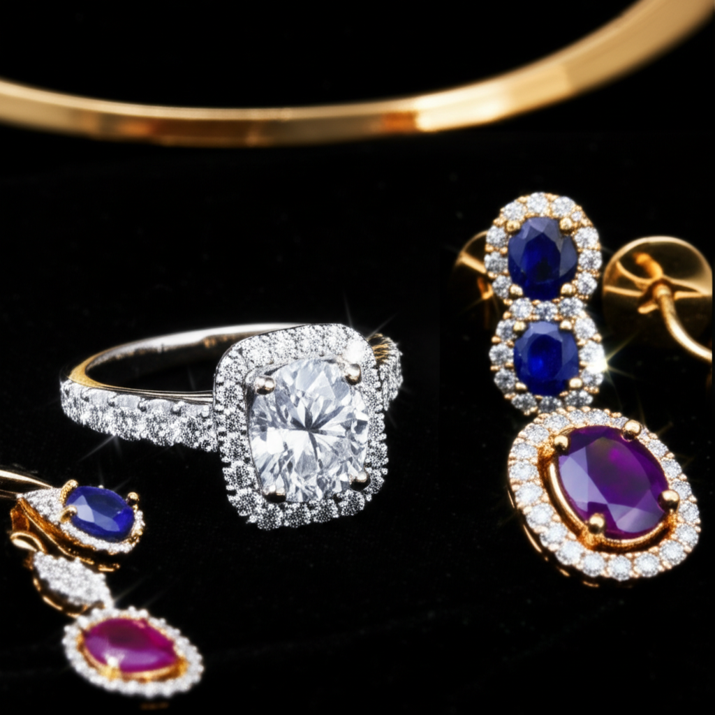 Diamond ring and gemstone jewelry in gold settings