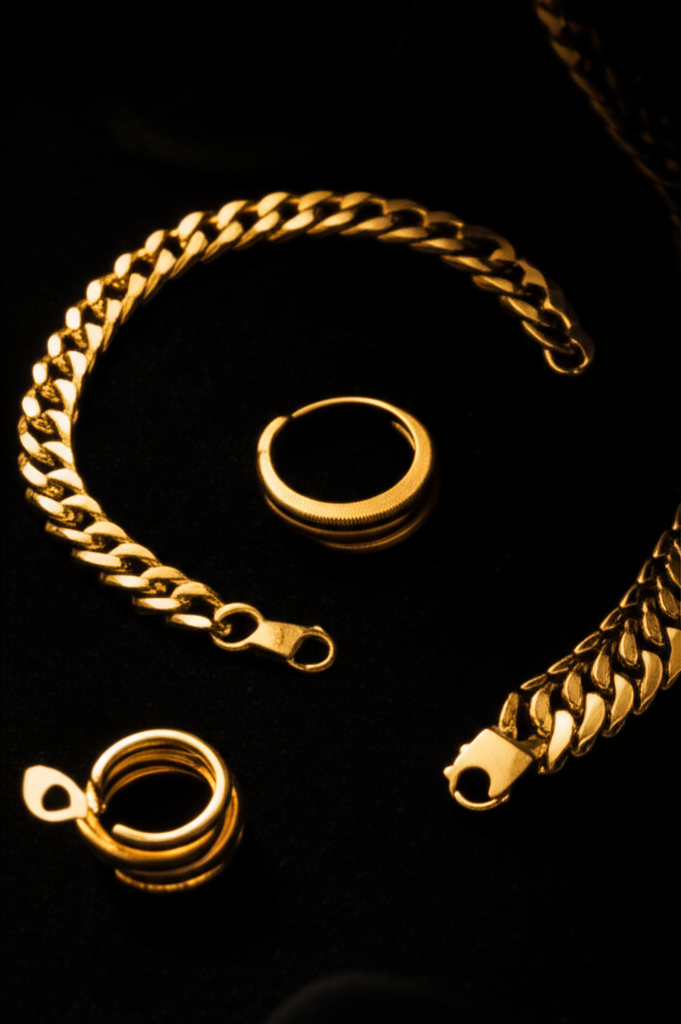 Gold ring, chain necklace, and bracelet arranged on dark velvet