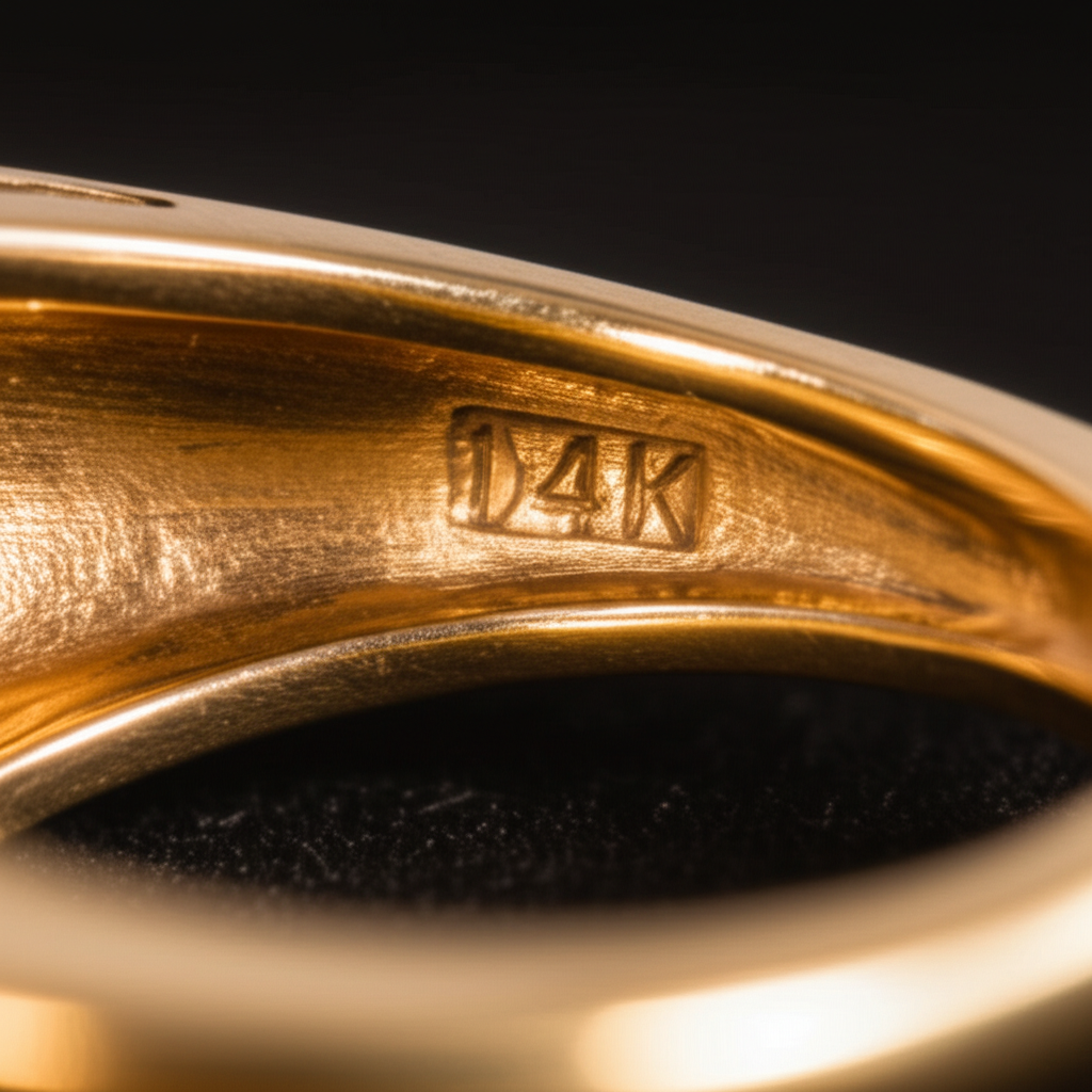 Close-up of 14K hallmark stamp engraved inside a gold ring