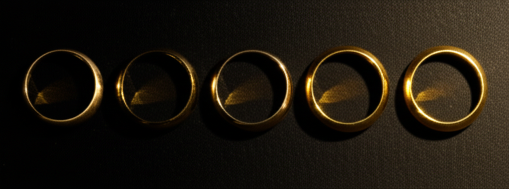 Gold rings showing color gradient from 10k to 24k purity