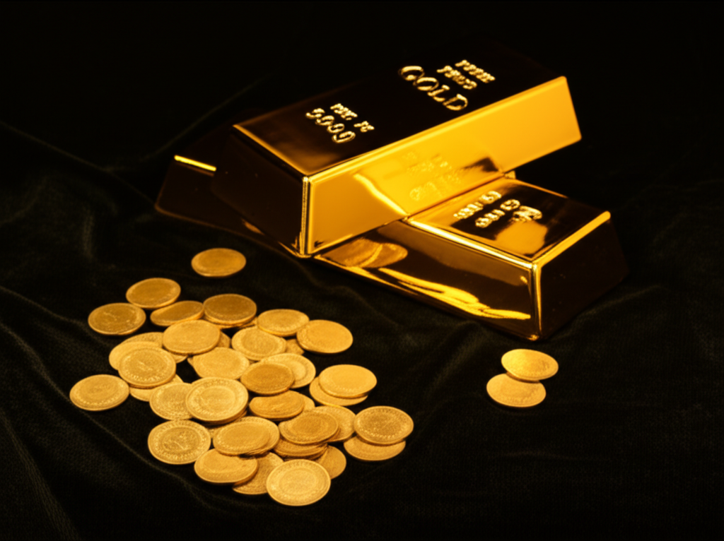 Gold bullion bars and coins suggesting market value