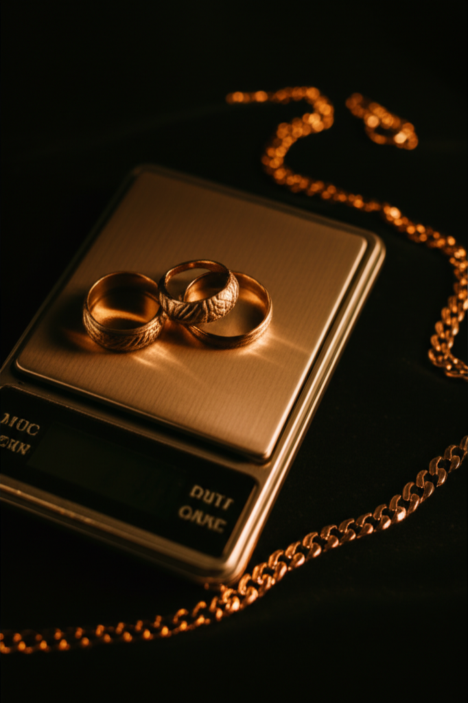 Gold chain and rings on a precision digital scale