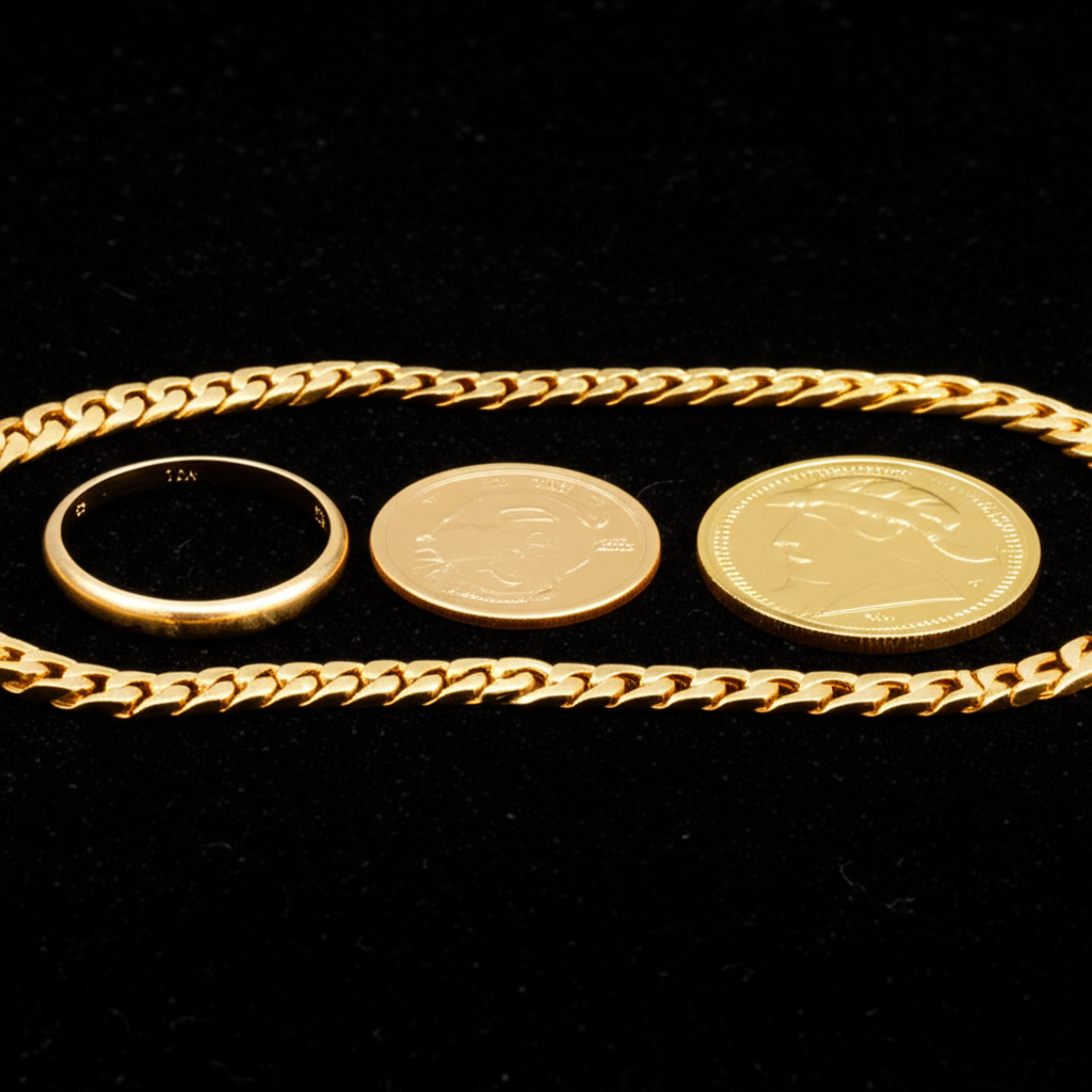 Gold jewelry pieces showing color differences between 10k, 14k, 18k, and 24k purity