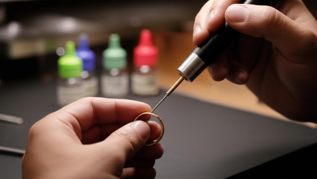 Jeweler testing gold ring with electronic tester and acid test bottles