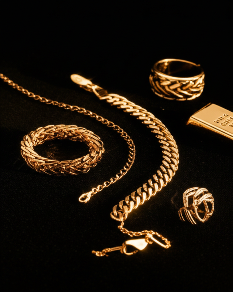 Gold jewelry and gold bar suggesting market value