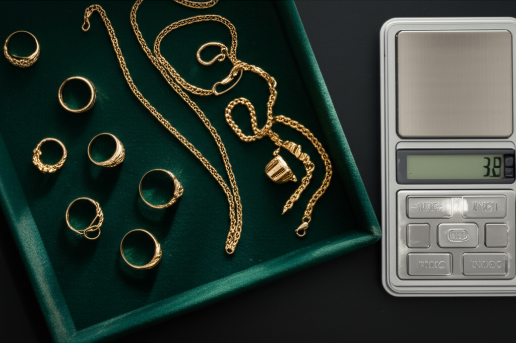 Collection of gold rings, chains, and bracelets on a jeweler's tray beside a precision scale