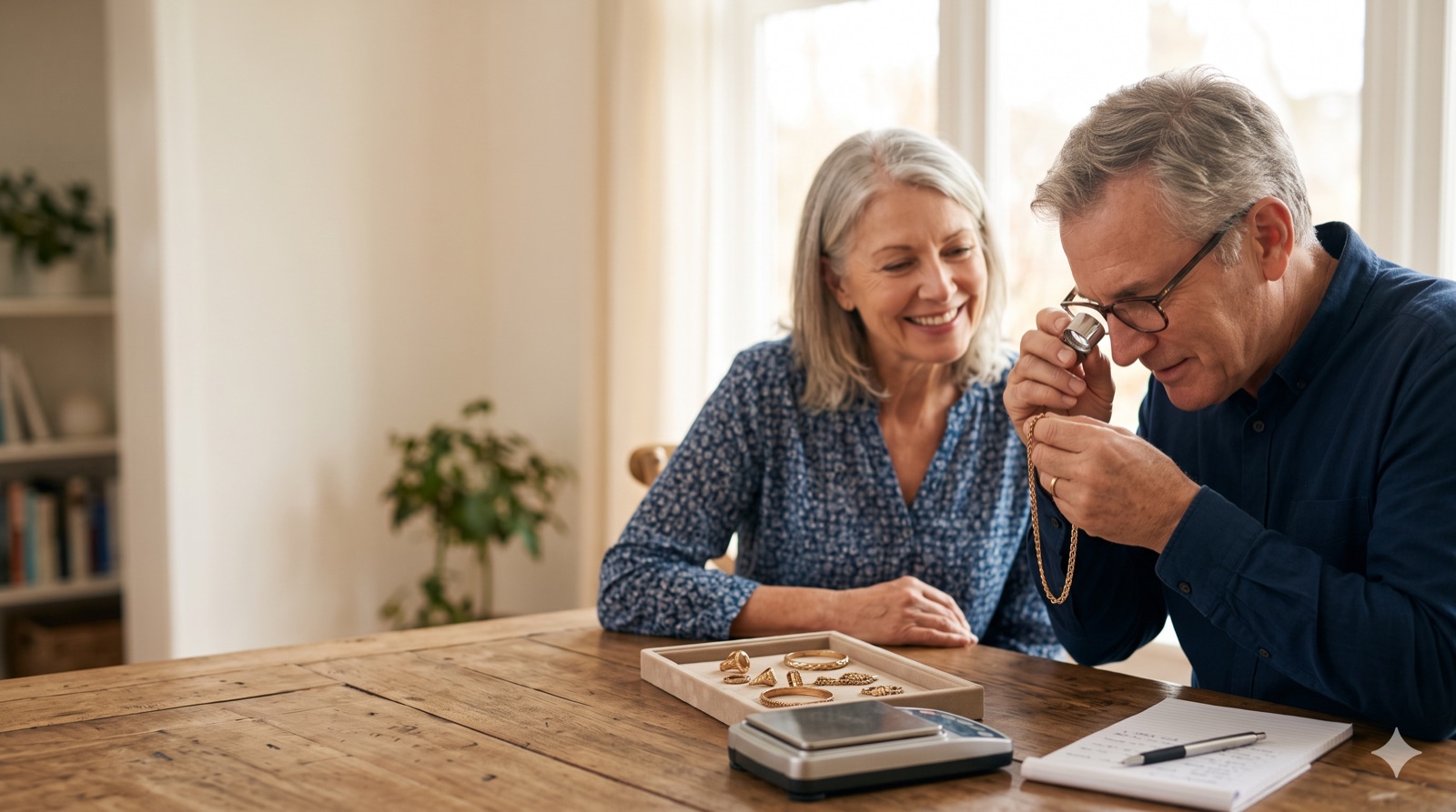 A gold appraiser examines a piece of jewelry through a loupe at a dining table while a woman looks on with interest, gold items in a tray beside a small scale