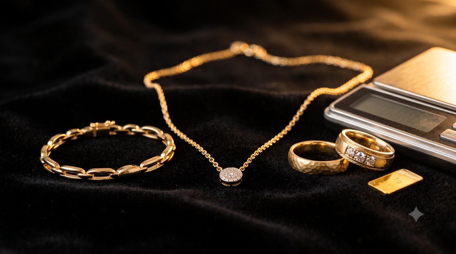 Gold jewelry and a gold bar beside a jeweler's precision scale on black velvet
