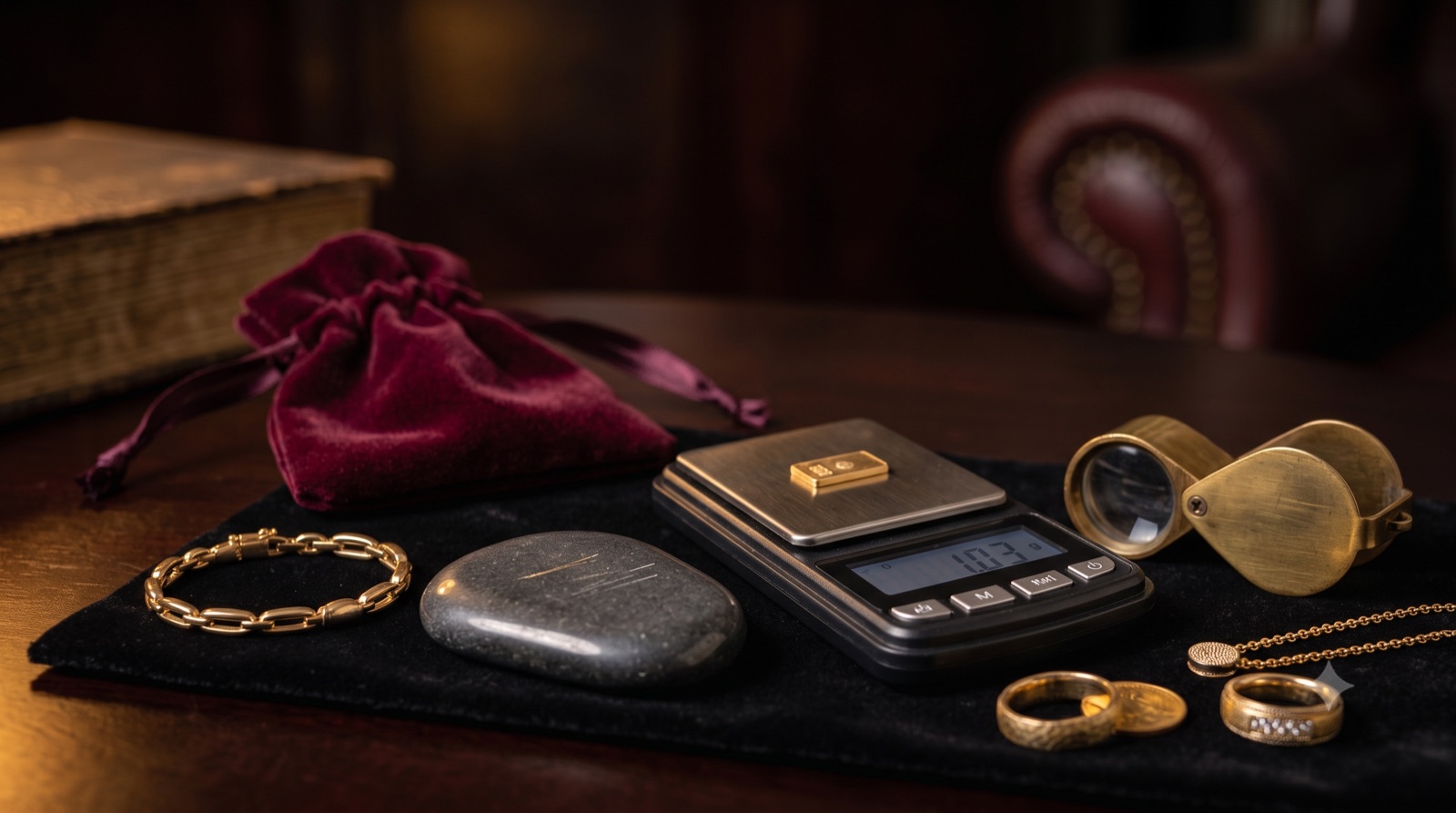 Jeweler's loupe, precision scale, and gold rings arranged for testing