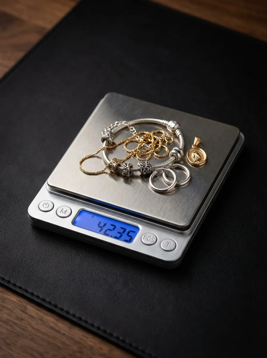 Gold and silver jewelry being weighed on a precision scale