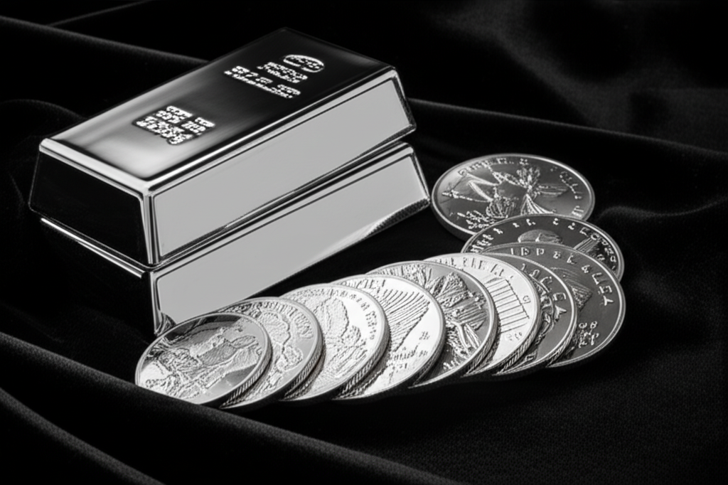 Silver bullion bars and coins