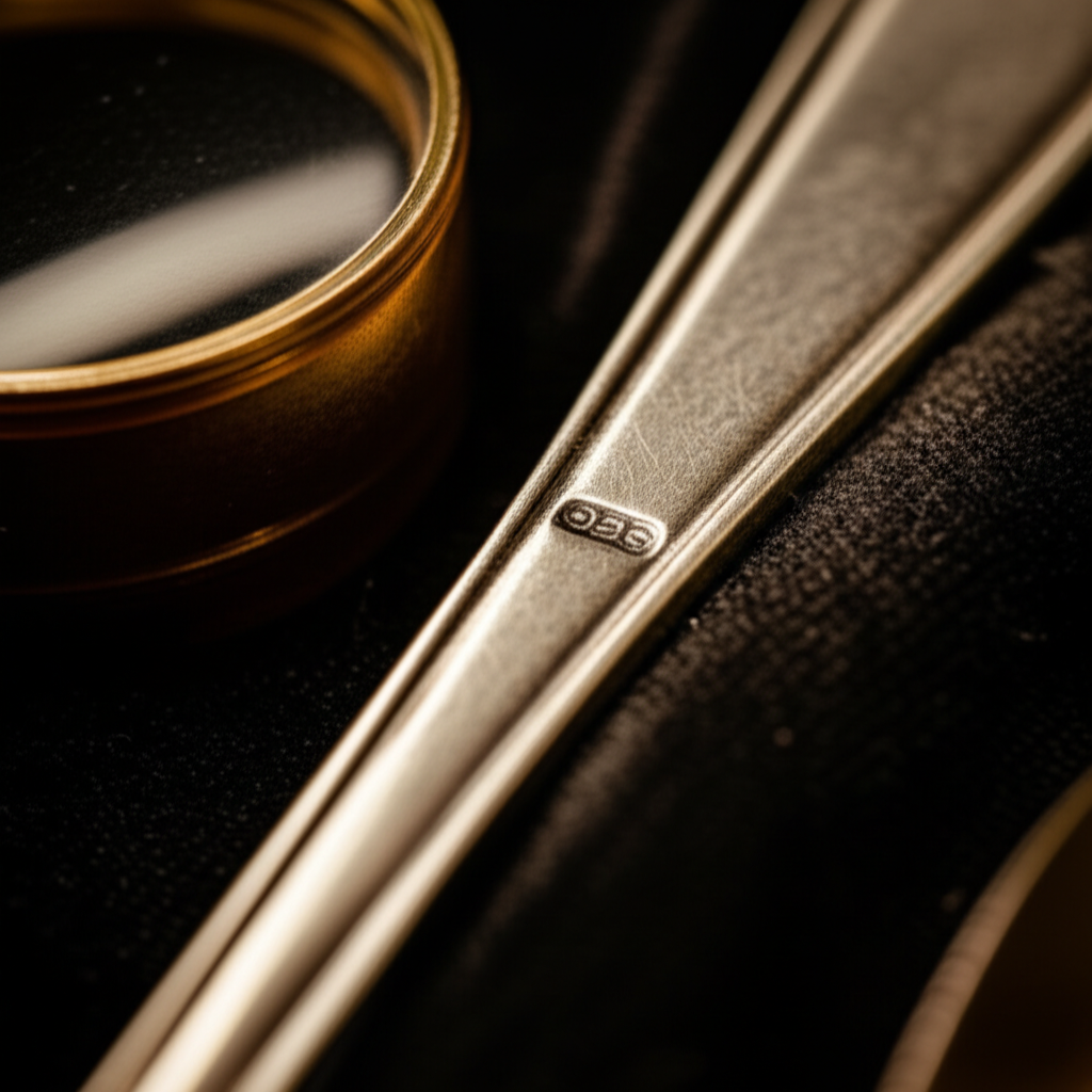 Close-up of sterling silver hallmark stamp on antique spoon