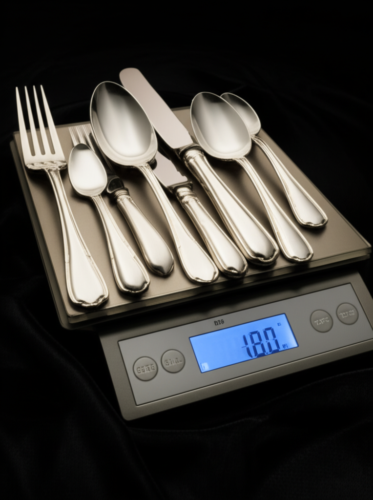 Sterling silver flatware on a precision digital scale