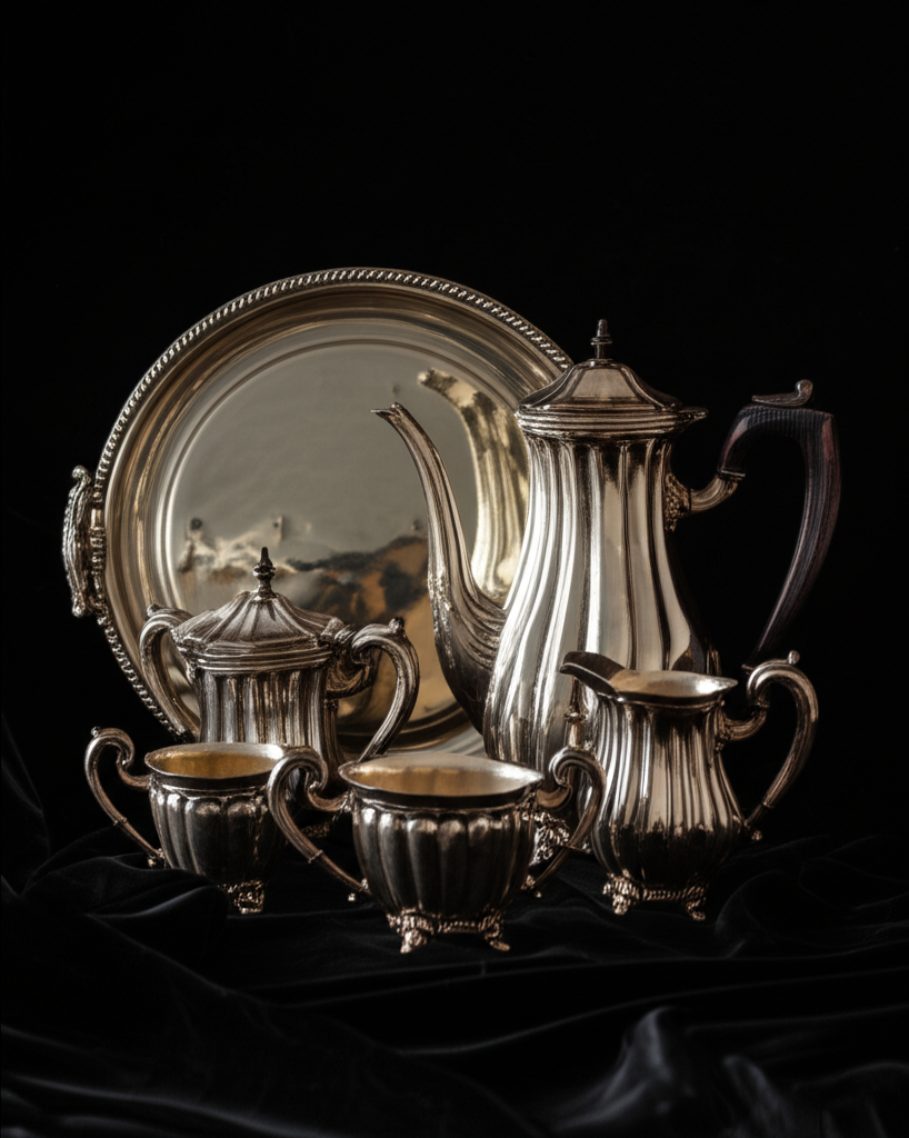 Sterling silver tea service — teapot, creamer, sugar bowl and tray